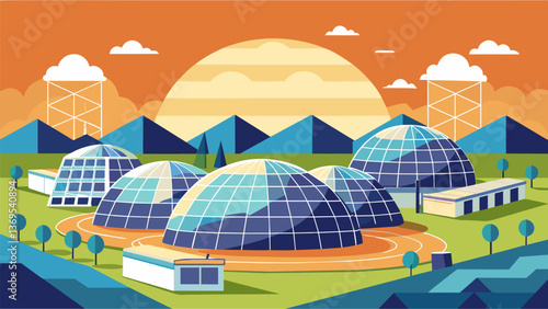 A sprawling complex of geodesic domes and solar panels capturing both sunlight and geothermal energy to power the facility.. Vector illustration