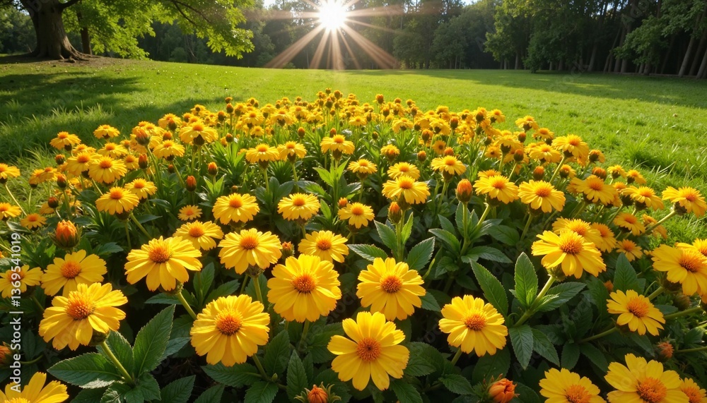 Obraz premium Vibrant yellow flowers blooming in sunlit green meadow