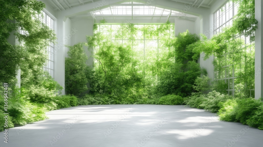 Naklejka premium Light-filled indoor garden space. Lush greenery fills a large, bright room with expansive windows