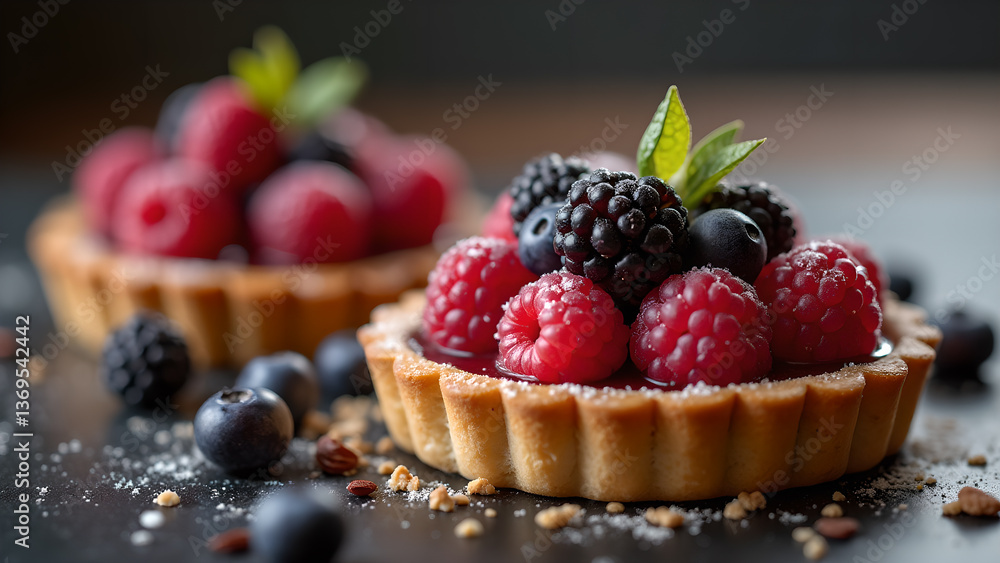 Delectable Berry Tarts Displayed on Dark Surface Delectable Berry Tarts Displayed on Dark Surface