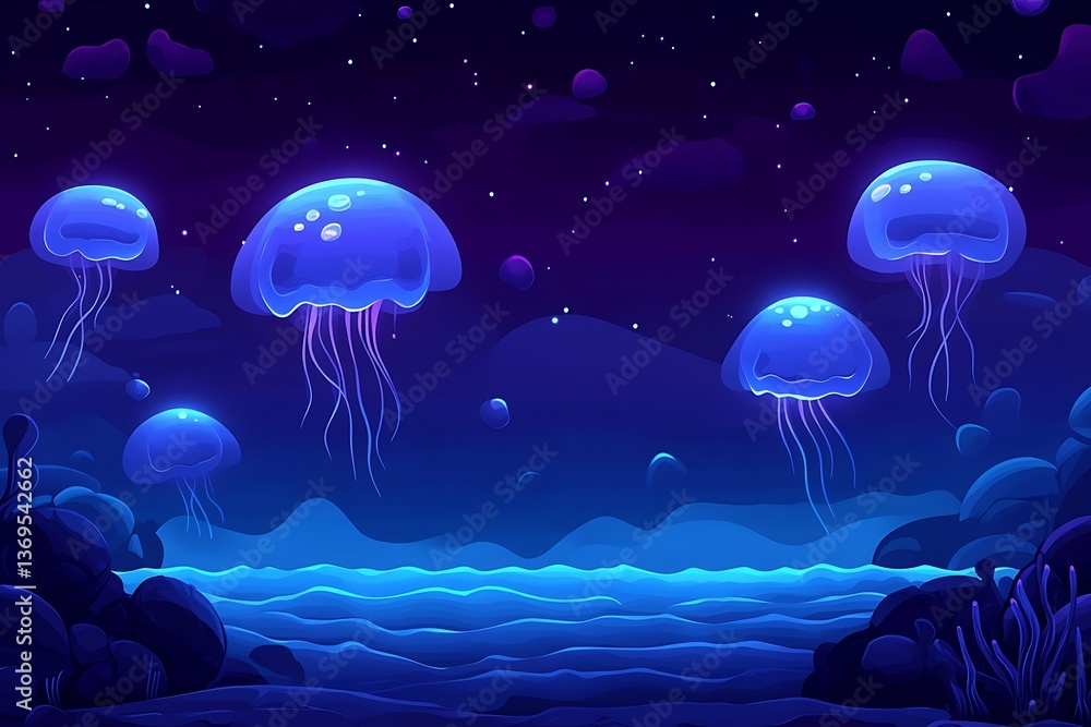 Bioluminescent jellyfish floating in a deep blue sea with a starlit night sky background Bioluminescent jellyfish floating in a deep blue sea with a starlit night sky background