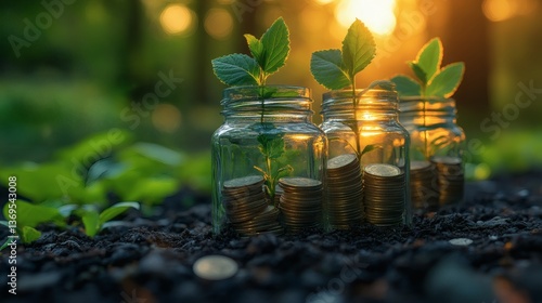 Wallpaper Mural Three glass jars in a row, each containing coins and progressively larger plants growing from them, symbolizing stages of financial growth, with a blurred green nature background  Torontodigital.ca
