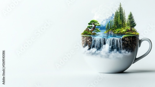 Slow life balance serenity wellness. A whimsical cup overflowing with a miniature landscape featuring waterfalls, trees, and mountains, blending nature with artistry.