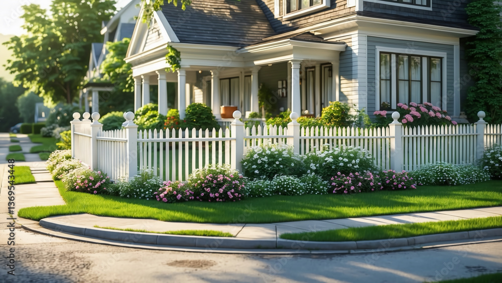 Obraz premium A charming suburban house with a white picket fence, green lawn, and blooming flowers, sunlight casting soft shadows on the quiet street