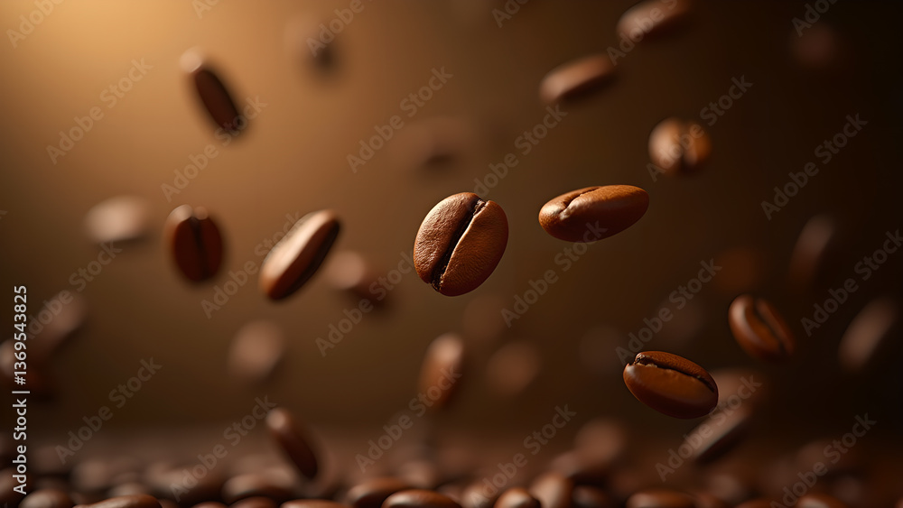 Fototapeta premium Roasted Coffee Beans Falling in a Brown Backdrop