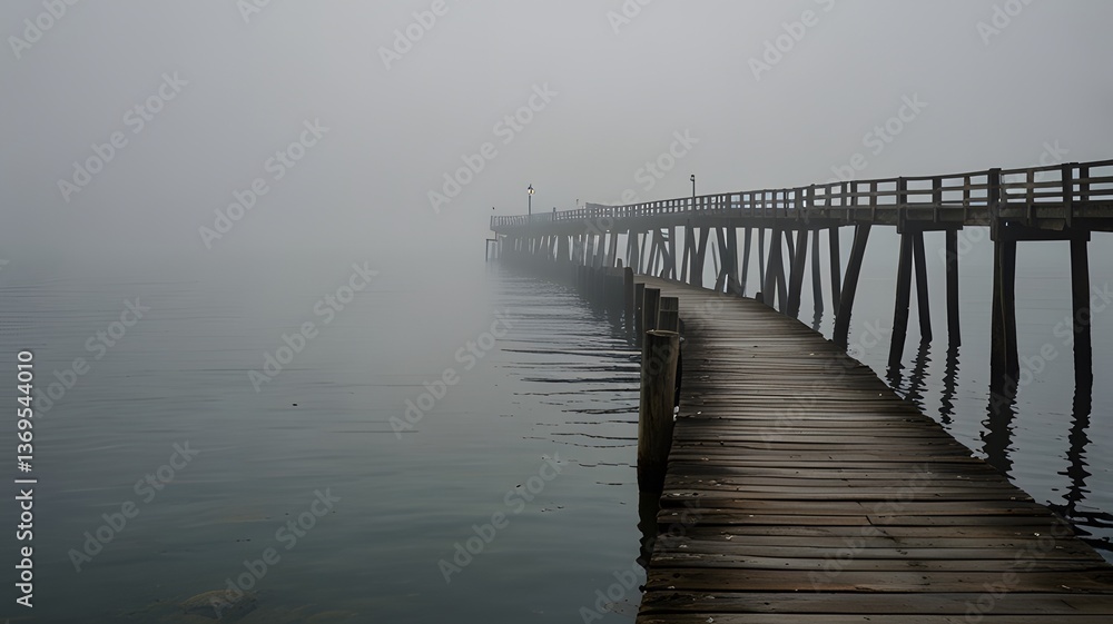 Fototapeta premium Foggy Wooden Pier Extends Into Mist