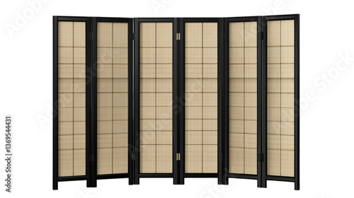 Japanese Style Black Folding Screen Room Divider with Woven Panels Isolated on White Background