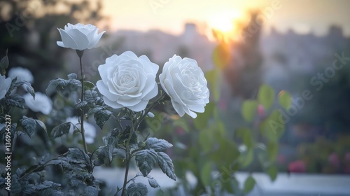 Stunning White Roses Blooming at Sunset in a Garden Peaceful Nature Scene