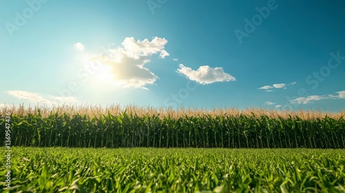Vibrant Green Cornfield Under a Sunny Summer Sky Agricultural Landscape