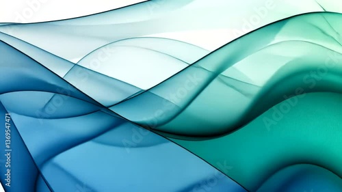 Abstract waves of blue and green colors flowing smoothly across a white background