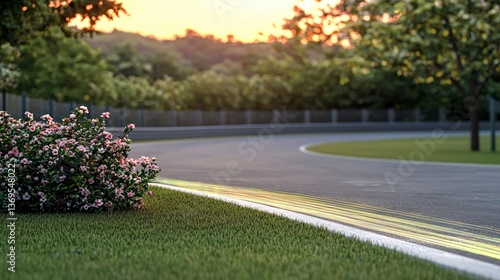 Serene Sunset at a Race Track Lush Green Grass and Blooming Flowers Beside the Asphalt Curve