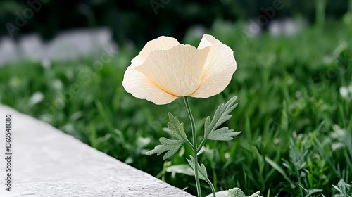 Delicate Cream Colored Flower Blooming in Lush Green Grass Near a Stone Path
