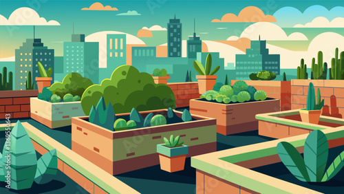 A rooftop garden boasts a variety of succulents and cacti the perfect lowmaintenance option for busy urban lifestyles.. Vector illustration