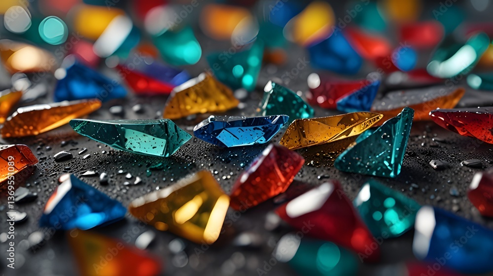 Fototapeta premium Colorful shards on dark wet surface