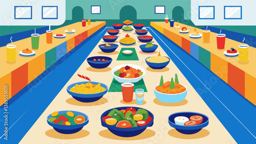 A long table set up in a gymnasium overflowing with colorful dishes from different cultures as a community gathers for a potluck feast.. Vector illustration
