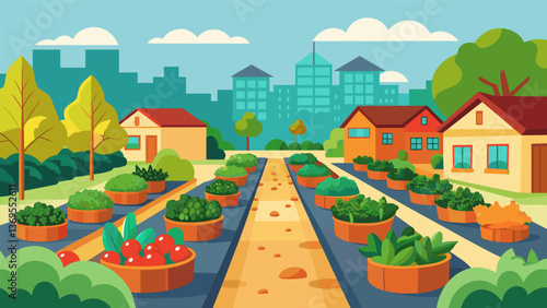 A neighborhood transformed by the efforts of the community garden with onceabandoned lots now thriving with fresh produce and vibrant colors.. Vector illustration