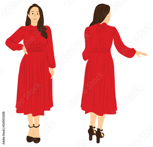 Woman in a Red Dress , Front and Back View Poses Illustration.