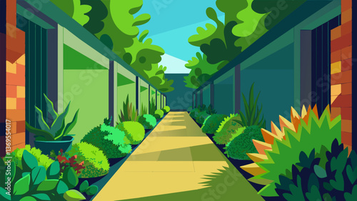 A oncedull alleyway transformed into a lively green space complete with a vertical wall of succulents and a communal herb garden.. Vector illustration