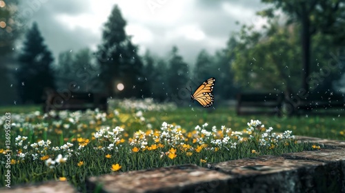 Serene Butterfly Soaring Over Spring Flowers in a Peaceful Park