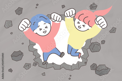 コンクリートの壁を壊して通り抜ける若い男女のイラスト　壁を破るイメージイラスト