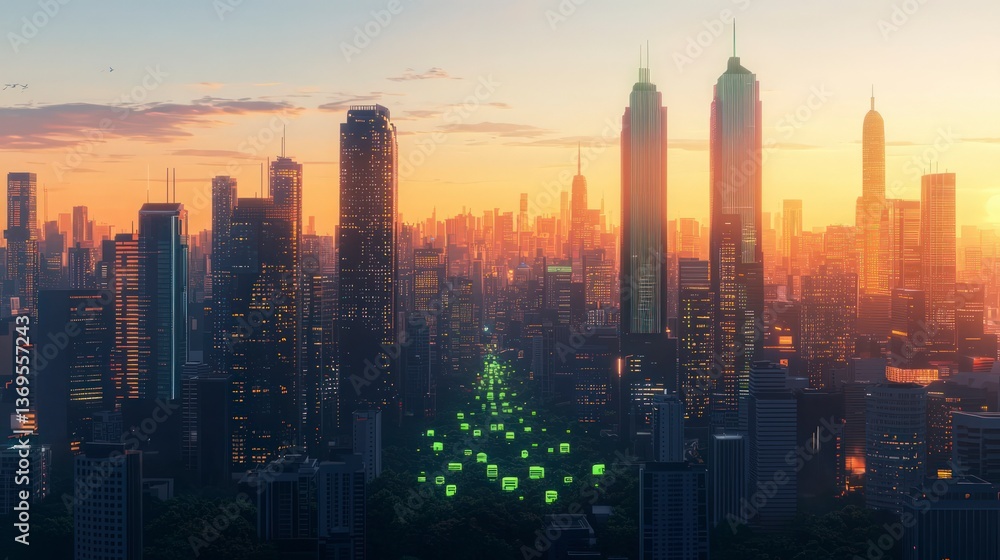 Fototapeta premium Futuristic Cityscape at Sunset Illuminated Park Path Between Skyscrapers