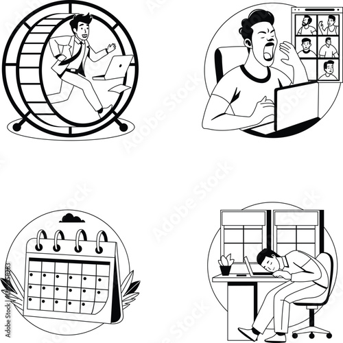 Pack of Glyph Style Exhausted Employees Illustrations 
