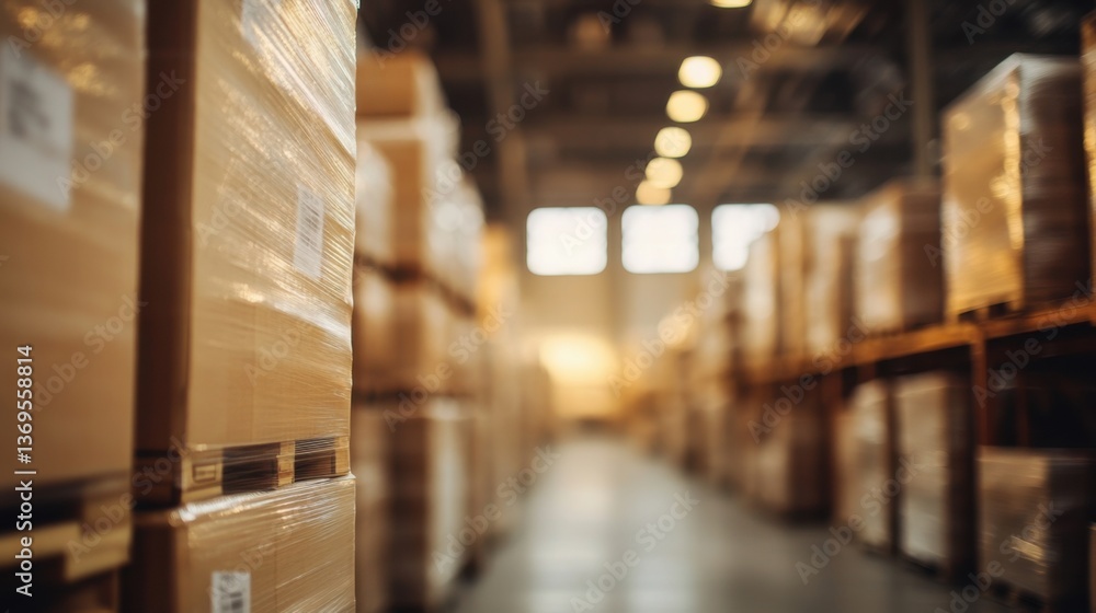 Fototapeta premium Warehouse interior filled with stacked boxes showcasing logistics during daylight