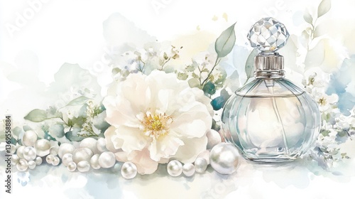 Fototapeta Naklejka Na Ścianę i Meble -  Watercolor Painting of Perfume Bottle with White Flowers and Pearls