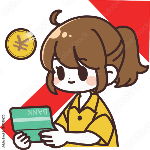 資産(お小遣い)が貯まっていく女性のイラスト　運用　金融イメージ素材　主線あり