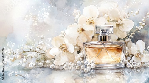 Fototapeta Naklejka Na Ścianę i Meble -  Watercolor Perfume Bottle with White Flowers