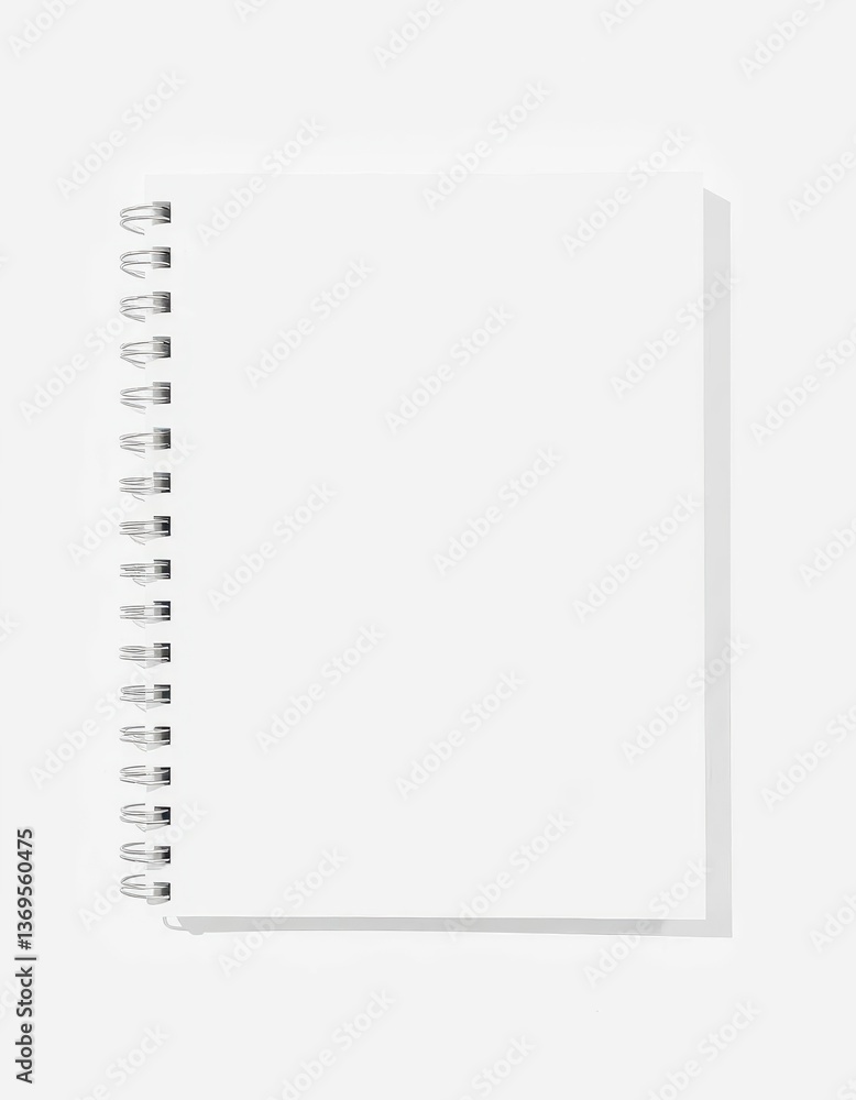 Blank spiral notebook with subtle shadow, clean white background, journal, item Blank spiral notebook with subtle shadow, clean white background, journal, item