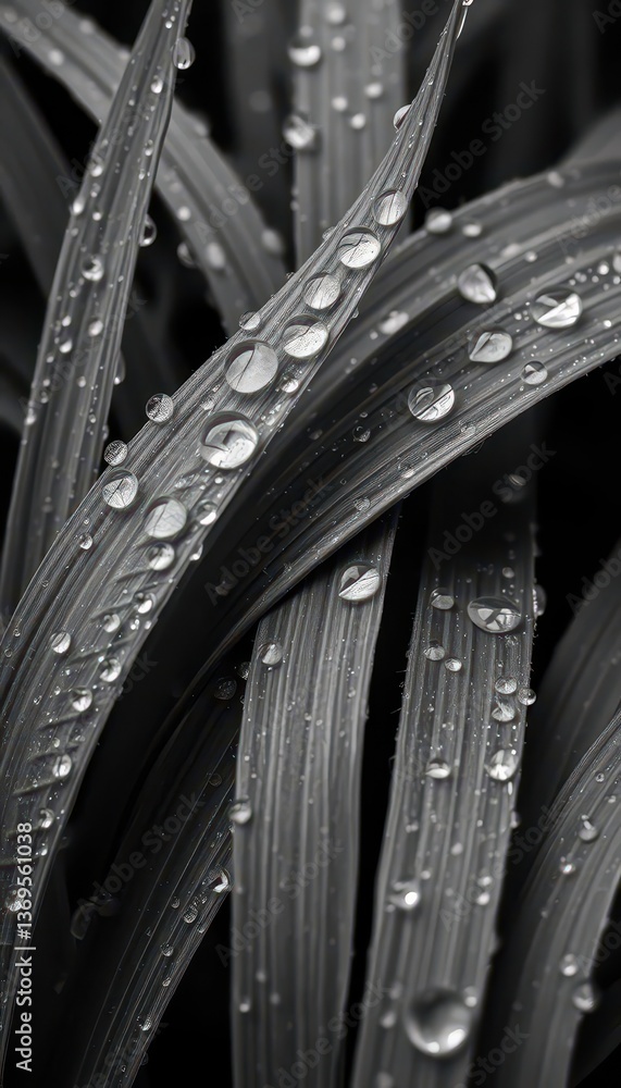 Naklejka premium Close-up monochrome image of dew-kissed plant leaves, aesthetics, high contrast, vegetation