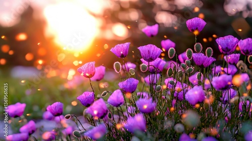 Vibrant Purple Poppy Field at Sunset Golden Hour Nature