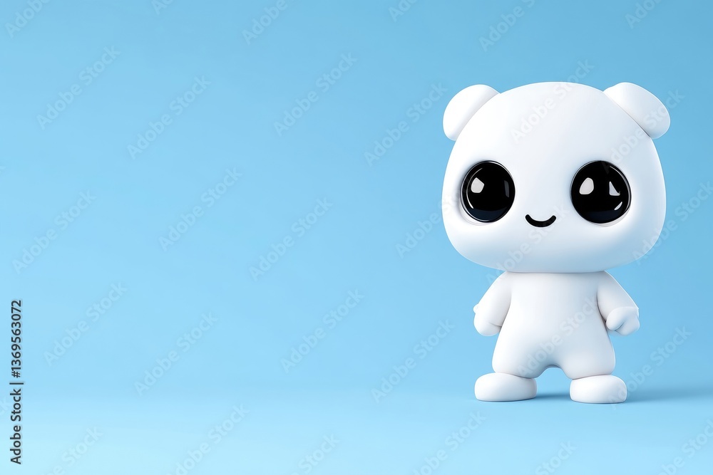 Naklejka premium Cute, stylized, cartoon bear figurine. A simple, digitally rendered character, standing, against a light blue backdrop