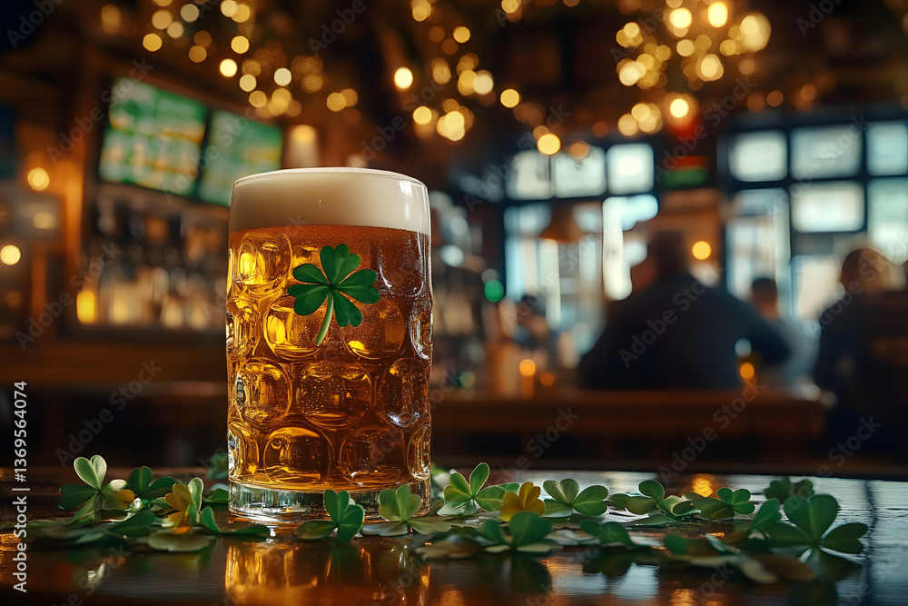 Glass of beer with shamrocks celebrating saint patrick's day in a traditional irish pub Glass of beer with shamrocks celebrating saint patrick's day in a traditional irish pub