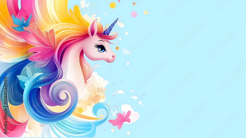 Fototapeta premium A colorful unicorn with flowing mane, surrounded by butterflies and a bright background.