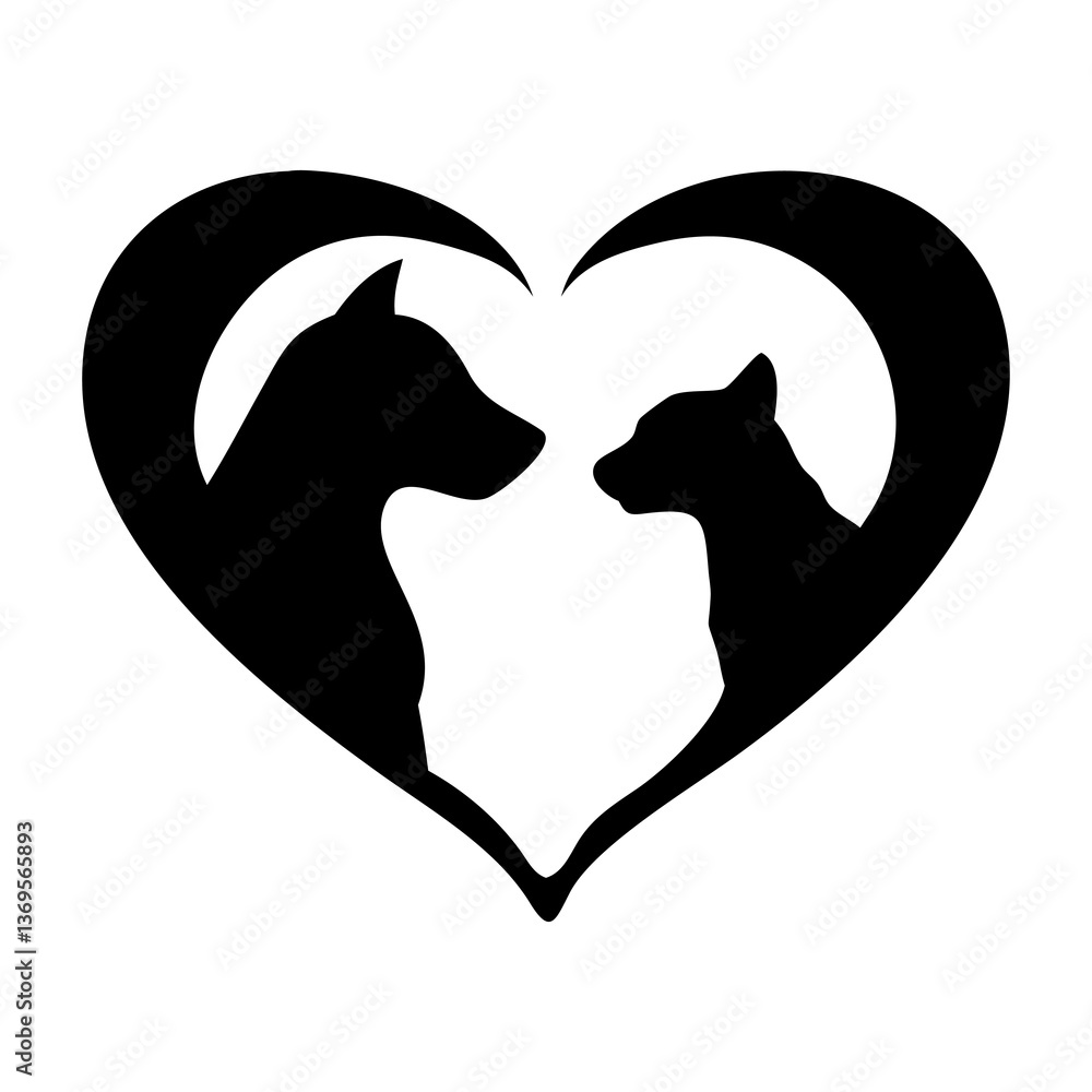 Silhouette of a cat and dog couple with a heart symbol, representing love and romance, in a cute and simple vector design Silhouette of a cat and dog couple with a heart symbol, representing love and romance, in a cute and simple vector design