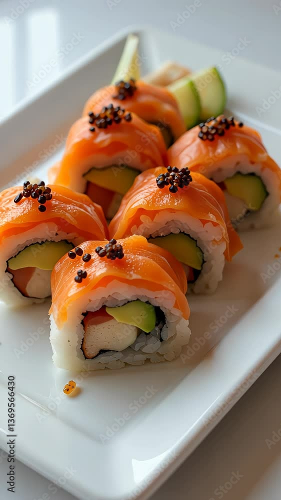 Sushi rolls garnished with salmon and cucumber slices Sushi rolls garnished with salmon and cucumber slices