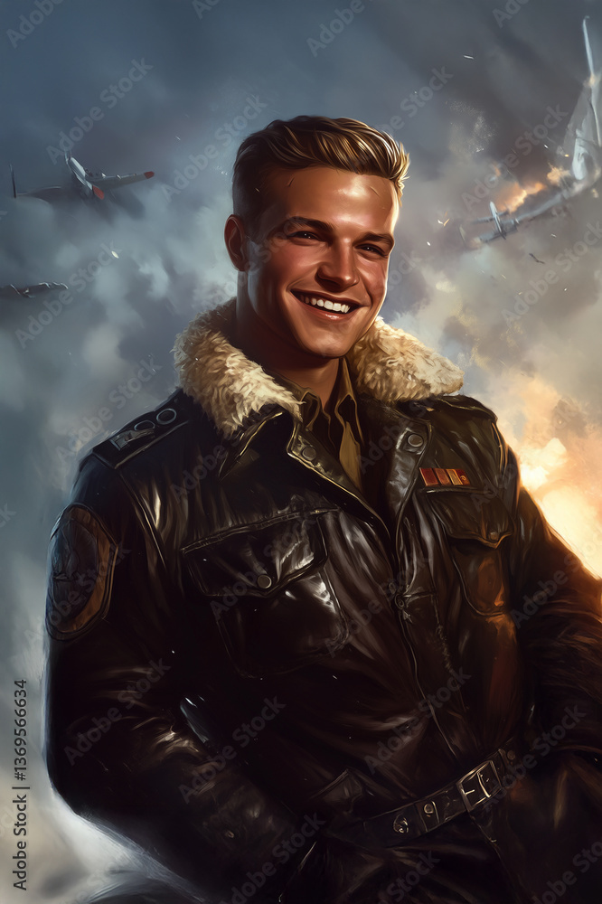 Fototapeta premium Młody pilot w lotniczej kurtce uśmiechem patrzy w dal Dynamiczna ilustracja o tematyce wojskowej i lotniczej.