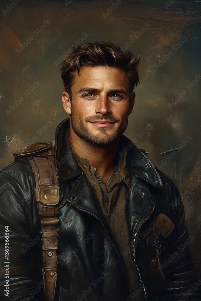 Fototapeta premium Młody pilot w lotniczej kurtce uśmiechem patrzy w dal Dynamiczna ilustracja o tematyce wojskowej i lotniczej.