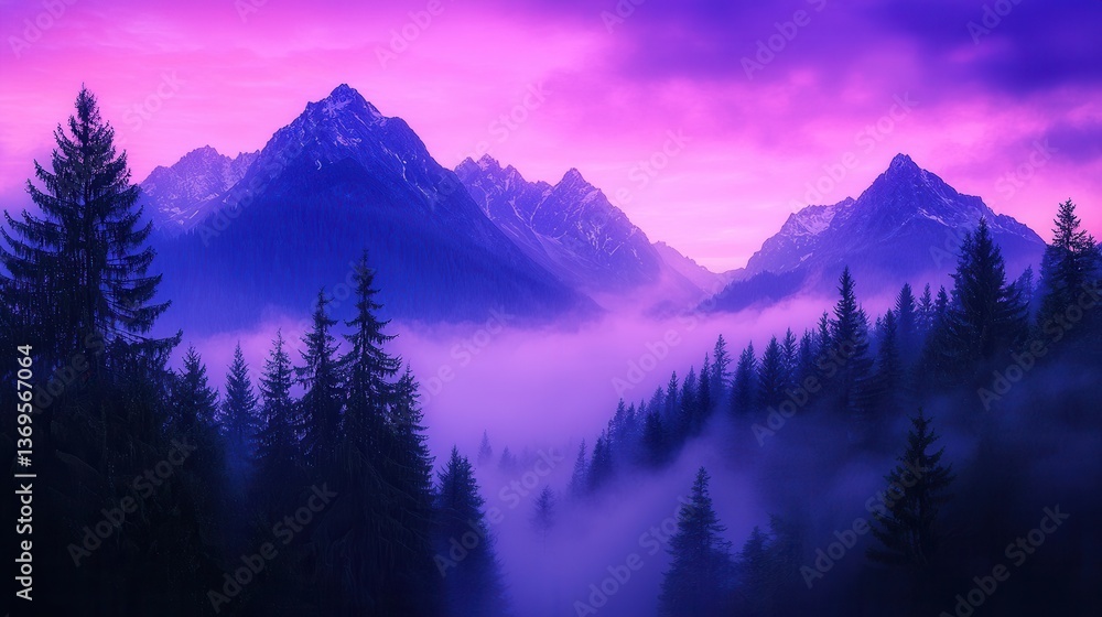 Obraz premium Majestic Mountains at Dawn Purple Sky Misty Forest Scenic Landscape View