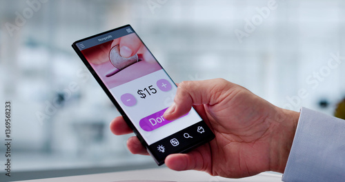 Obraz na płótnie Smartphone App For Online Financial Donations: Young Latino w salonie