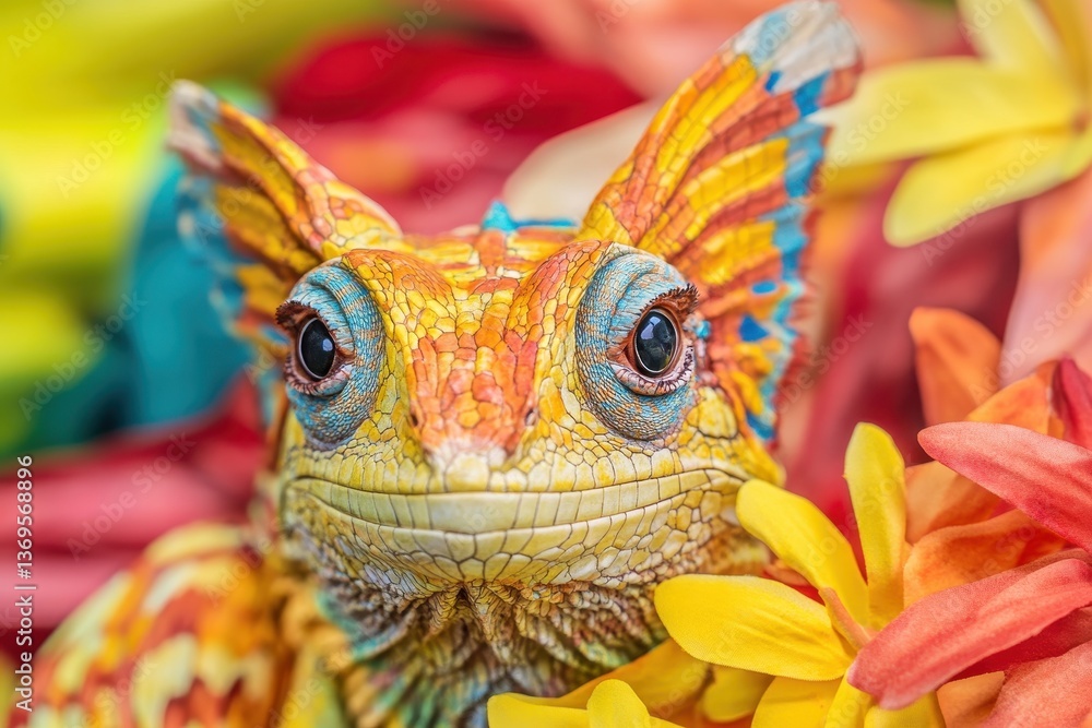 Vibrant Chameleon in Rainbow Flowers. Vibrant Chameleon in Rainbow Flowers.