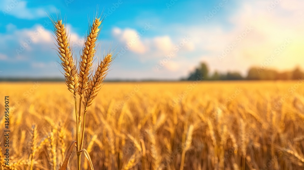 Naklejka premium Golden Wheat Field at Sunset Three Stalks of Ripe Grain in a Sunny Agricultural Landscape