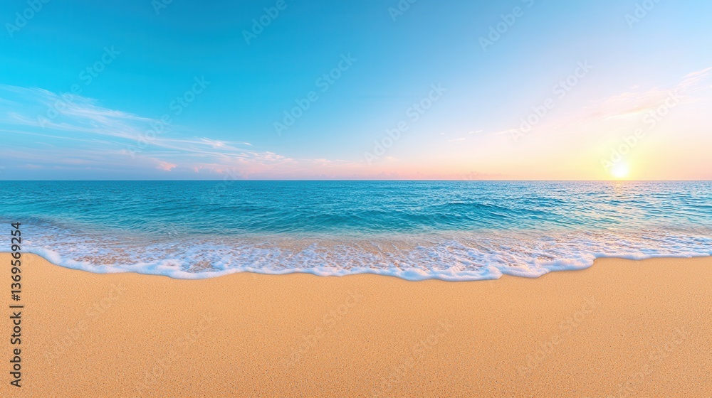 Serene Sunset Beach Scene Ocean Waves Gently Crashing on Sandy Shore Serene Sunset Beach Scene Ocean Waves Gently Crashing on Sandy Shore