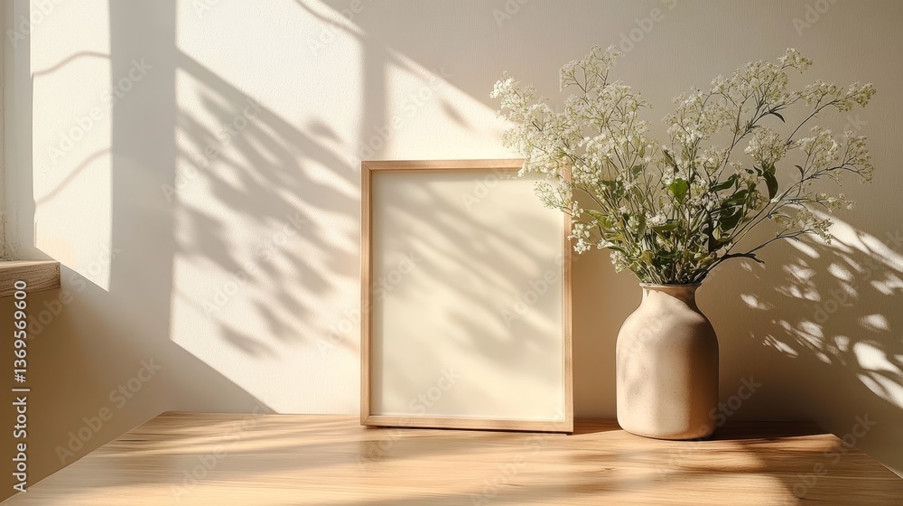 A simple wooden table with small vases and flowers placed on top, potted plants in the background, and a square frame next to it, creating a peaceful atmosphere under soft natural light. A simple wooden table with small vases and flowers placed on top, potted plants in the background, and a square frame next to it, creating a peaceful atmosphere under soft natural light.