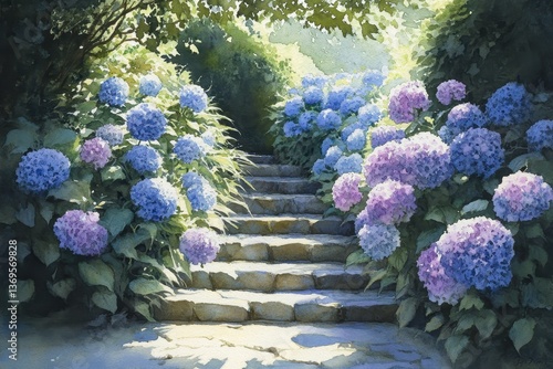 Sunlit Hydrangea Steps Serene Garden Path.