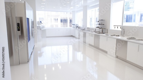 Modern, bright, sterile laboratory interior.  Spacious, clean, and well-lit.  High-gloss, white epoxy floor.  Stainless steel equipment