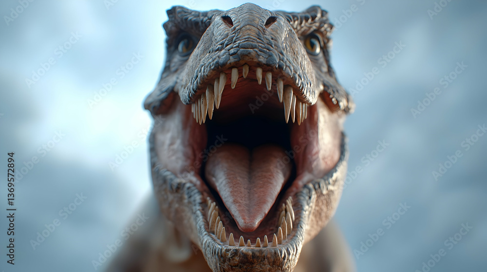 Closeup of a Roaring Tyrannosaurus Rex with a Stormy Sky Background Closeup of a Roaring Tyrannosaurus Rex with a Stormy Sky Background