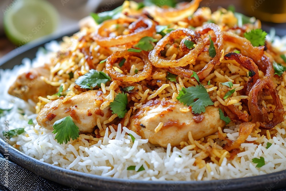 A flavorful serving of chicken biryani rice, with tender chicken pieces, golden rice, and crispy fried onions, garnished with fresh herbs A flavorful serving of chicken biryani rice, with tender chicken pieces, golden rice, and crispy fried onions, garnished with fresh herbs